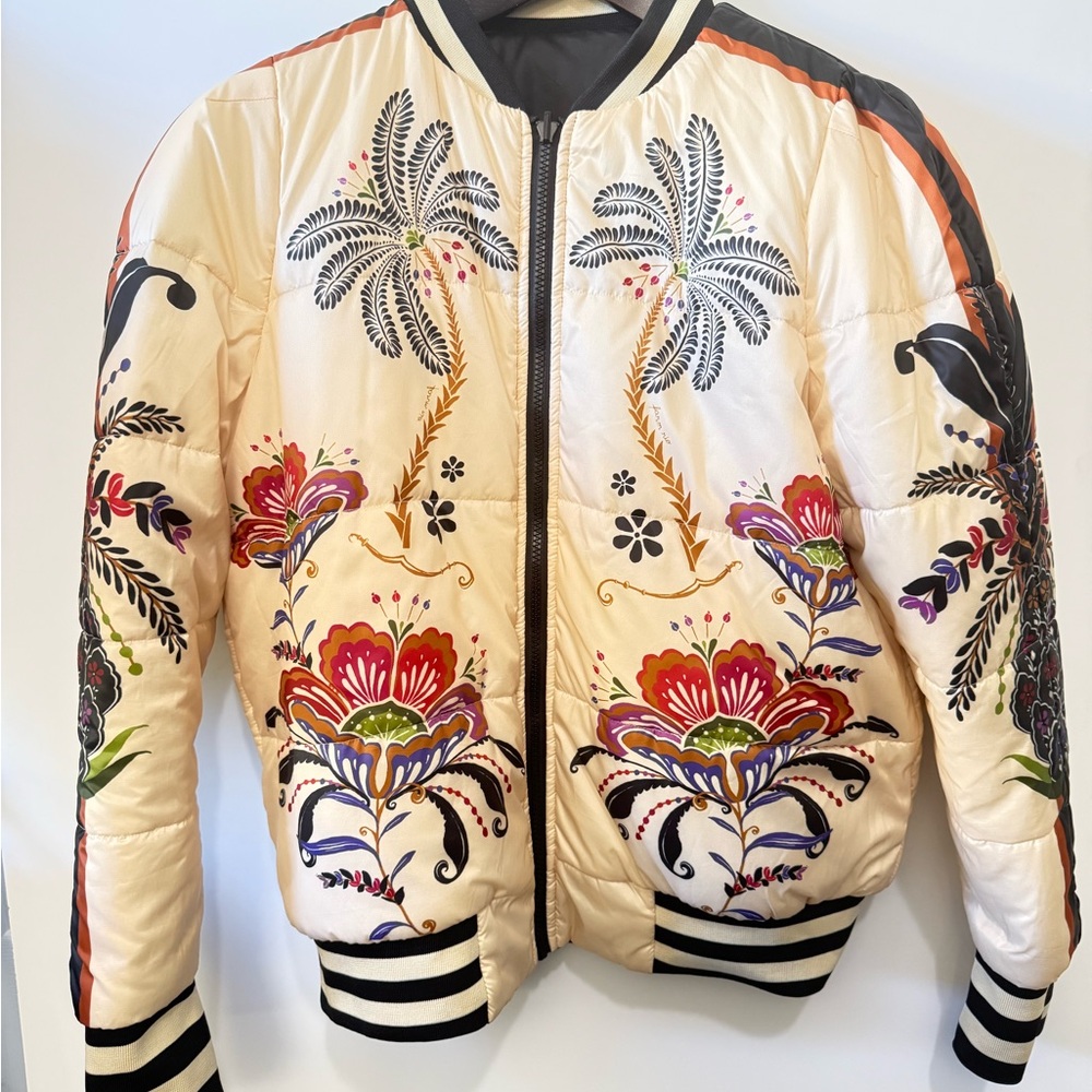 Embroidered Floral Double Sided FARM RIo Women's Bomber Jacket Size M